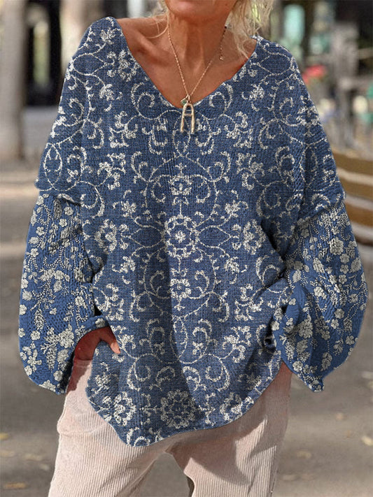 Retro Floral Print Vintage Loose Chic V-cou à manches longues en tricot épais Pull A / S Pull
