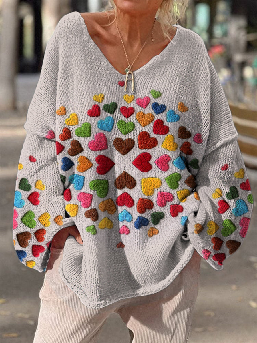 Retro Boho Floral Heart Print Vintage Loose Chic col en V à manches longues Pull en tricot épais A / S Pull