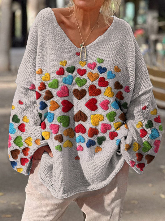 Retro Boho Floral Heart Print Vintage Loose Chic col en V à manches longues Pull en tricot épais A / S Pull