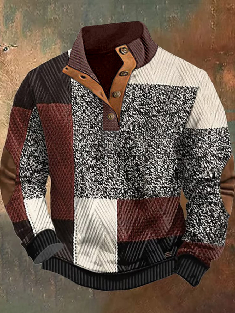 Cowboy Texture Motif Imprimé Village Occidental Chasse Logo Bouton V-cou En Plein Air Épais Sweatshirt A / S Sweats