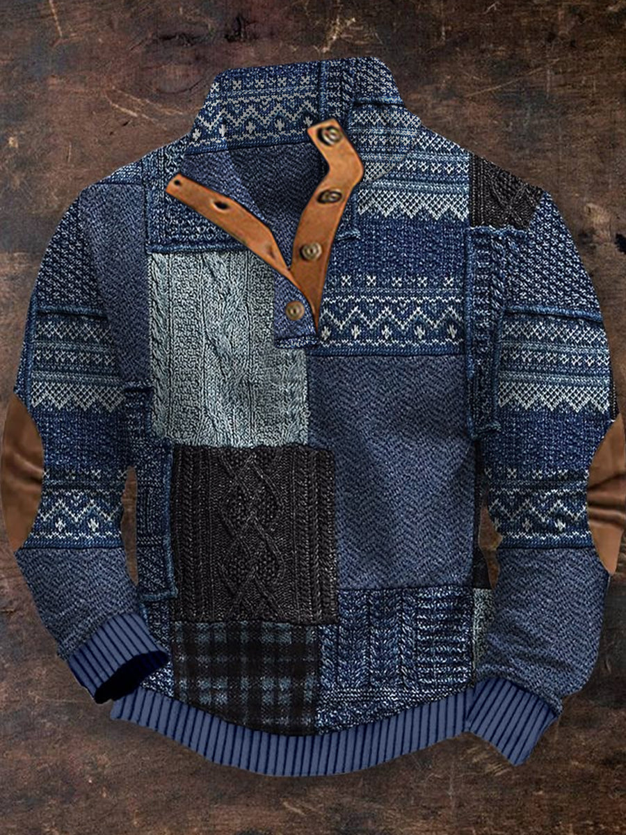Cowboy Texture Motif Imprimé Village Occidental Chasse Logo Bouton V-cou En Plein Air Épais Sweatshirt A / S Sweats