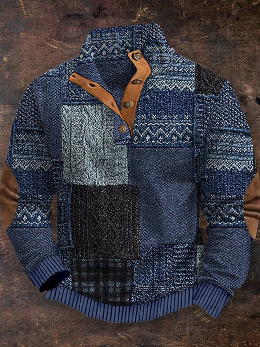 Cowboy Texture Motif Imprimé Village Occidental Chasse Logo Bouton V-cou En Plein Air Épais Sweatshirt A / S Sweats
