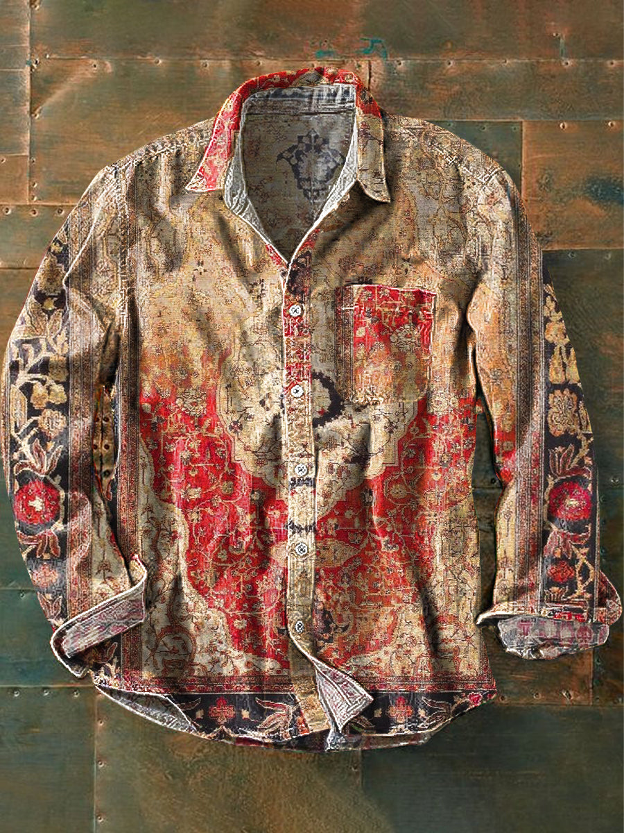 Chemise de poche à manches longues à revers à imprimé floral géométrique à gradient ethnique vintage unisexe coloré / S