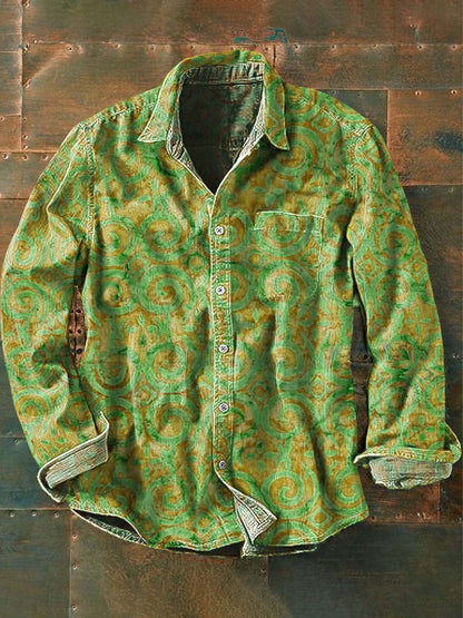 Chemise décontractée à manches longues à imprimé western vintage pour hommes Vert / S Chemises