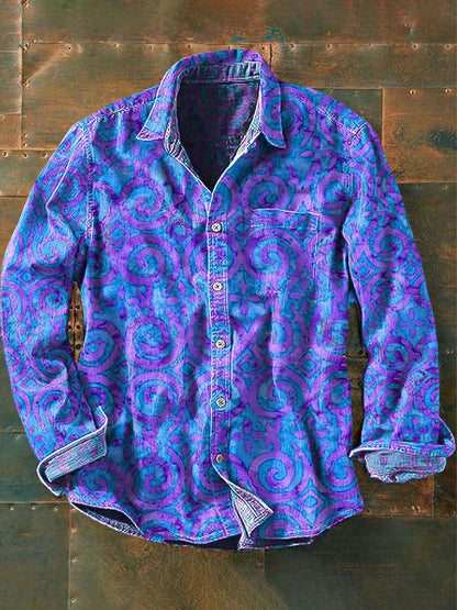 Chemise décontractée à manches longues à imprimé western vintage pour hommes Bleu / S Chemises