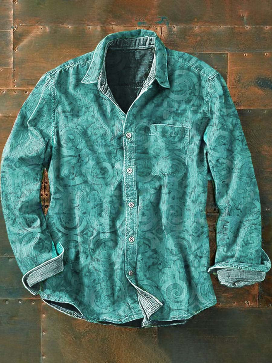 Chemise décontractée à manches longues à imprimé western vintage pour hommes Lac Bleu / S Chemises