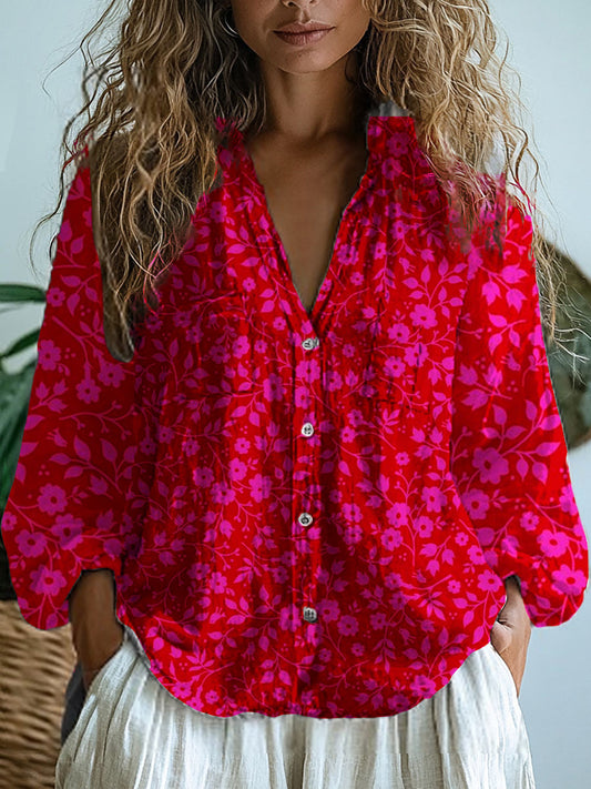 Femmes Rétro Floral Art Imprimer V-Neck Casual Coton Et Lin Chemise Top A / S Chemises