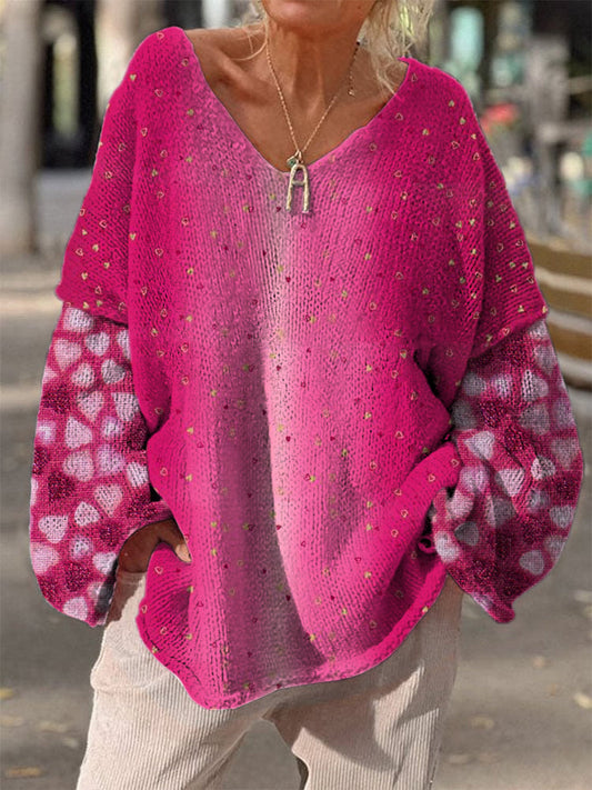 Retro Boho Floral Print Vintage Loose Chic V-cou à manches longues en tricot épais Pull A / S Pull