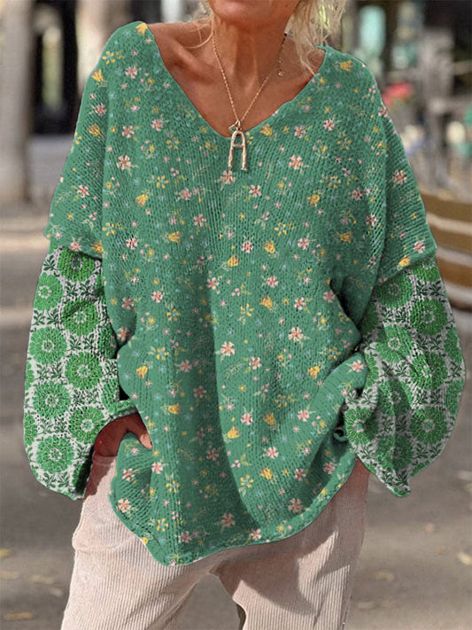 Retro Boho Floral Print Vintage Loose Chic V-cou à manches longues en tricot épais Pull A / S Pull