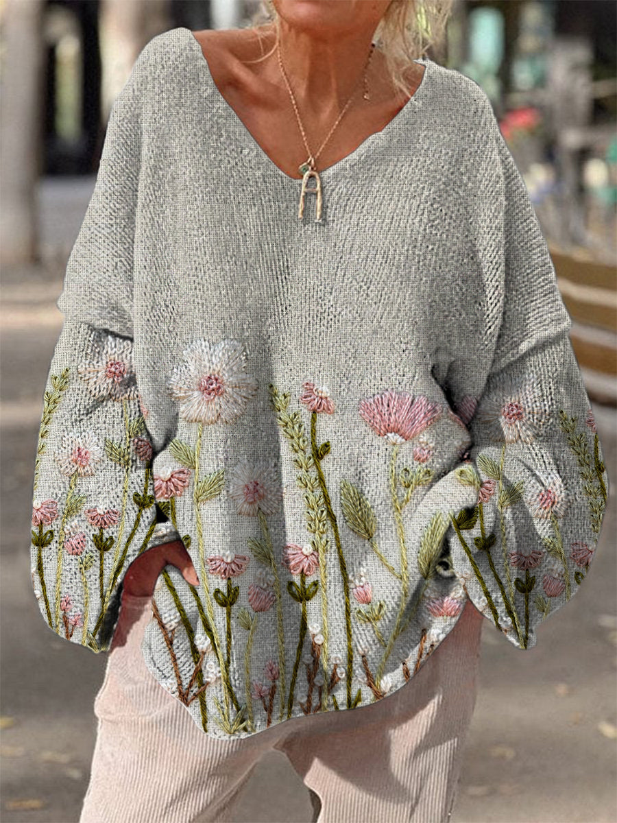 Retro Boho Floral Print Vintage Loose Chic V-cou à manches longues en tricot épais Pull A / S Pull