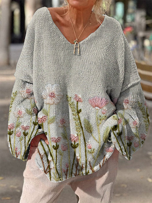 Retro Boho Floral Print Vintage Loose Chic V-cou à manches longues en tricot épais Pull A / S Pull
