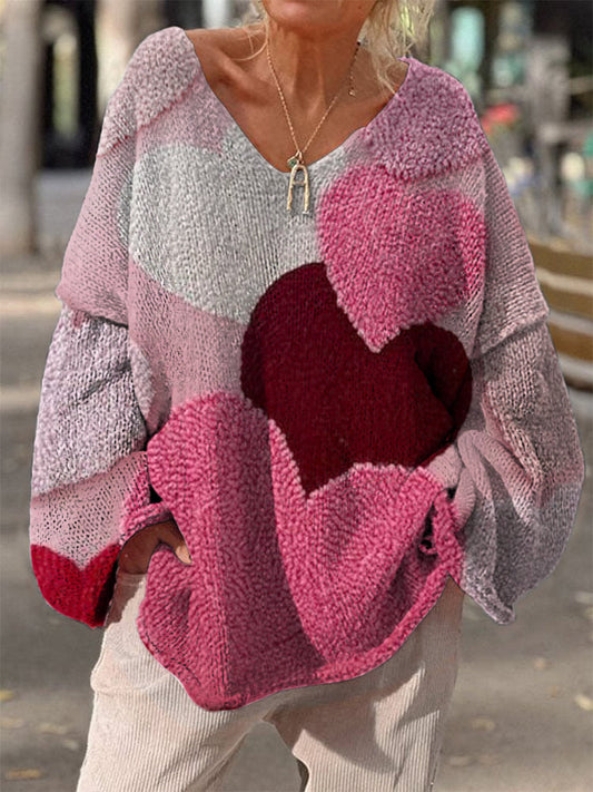 Retro Boho Floral Print Vintage Loose Chic V-cou à manches longues en tricot épais Pull A / S Pull