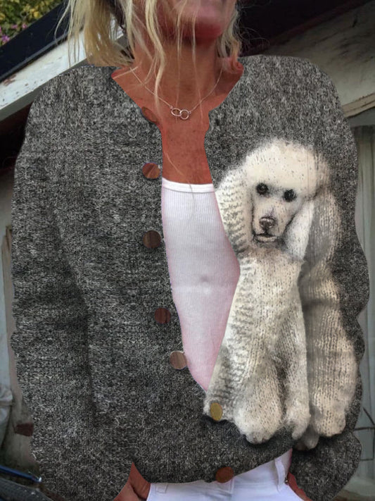 Rétro mignon chien imprimé boutonné décontracté à manches longues en tricot Cardigan Pull A / S Gilet Court
