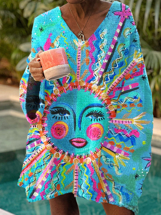 Vintage Art Print Chic V Neck Pull décontracté Pull Femme A / S Pull