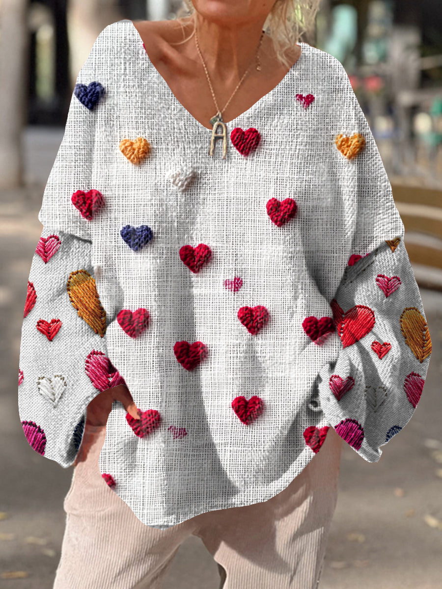 Retro Love Heart Art Print Chic col en V Pull décontracté pour femmes A / S Pull