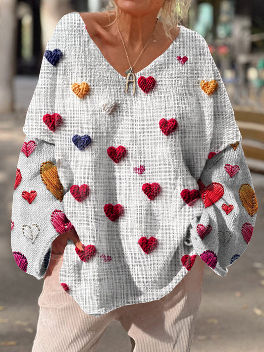 Retro Love Heart Art Print Chic col en V Pull décontracté pour femmes A / S Pull