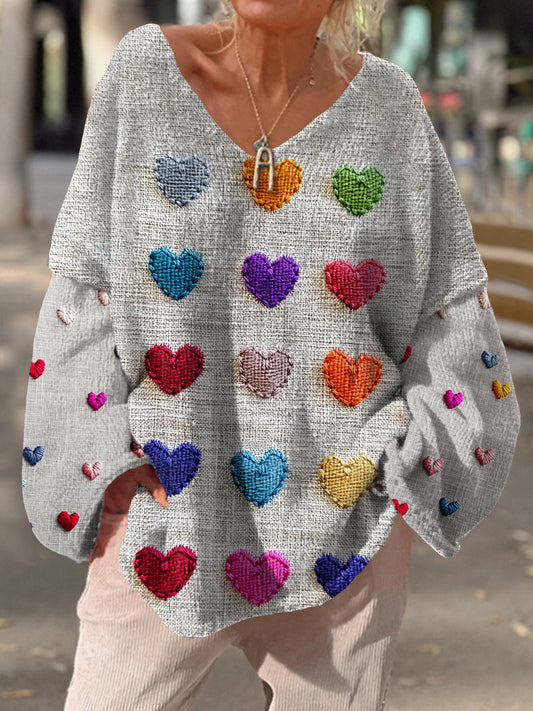 Retro Love Heart Art Print Chic col en V Pull décontracté pour femmes A / S Pull