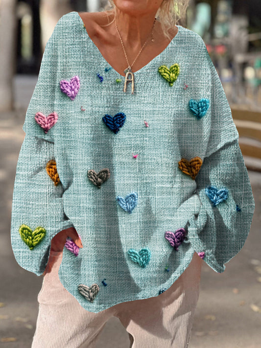 Retro Love Heart Art Print Chic col en V Pull décontracté pour femmes A / S Pull