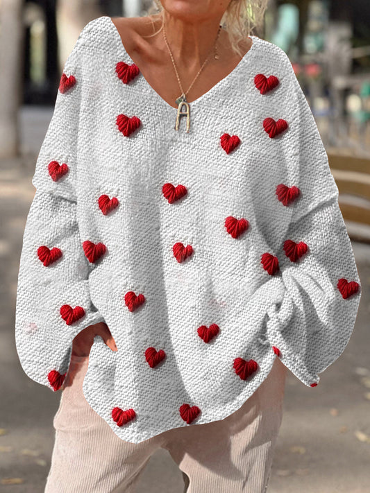 Retro Love Heart Art Print Chic col en V Pull décontracté pour femmes A / S Pull