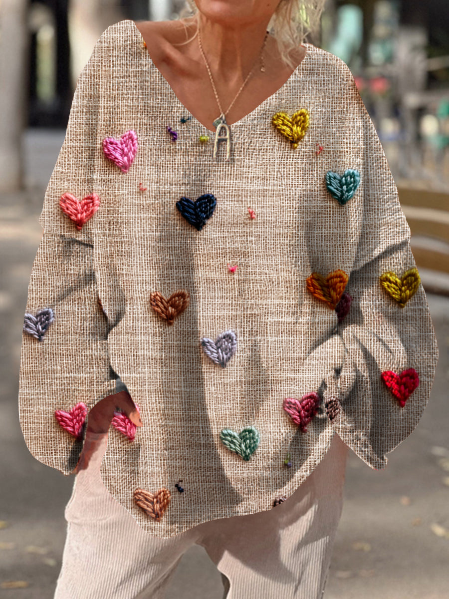 Retro Love Heart Art Print Chic col en V Pull décontracté pour femmes B / S Pull