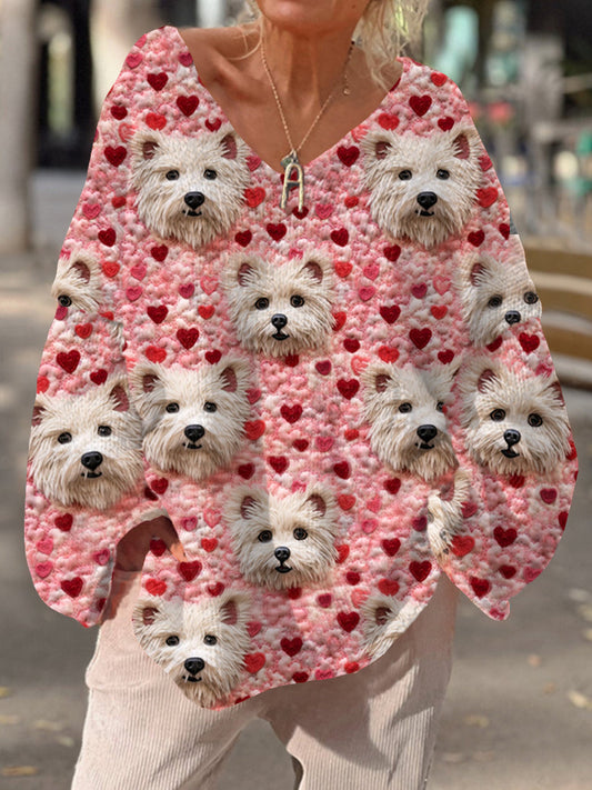 Retro Love Puppy Art Print Chic col en V Pull décontracté pour femmes A / S Pull