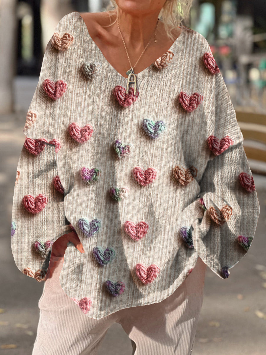 Retro Love Art Print Chic col en V Pull décontracté pour femmes A / S Pull