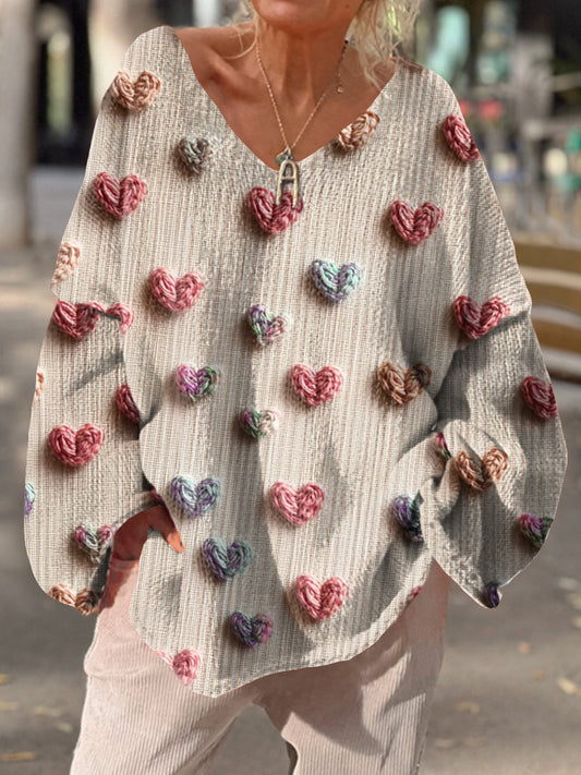 Retro Love Art Print Chic col en V Pull décontracté pour femmes A / S Pull