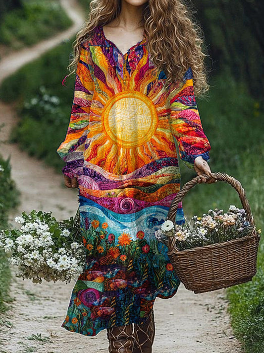 Vintage Art Print V-cou élégant Chic lâche robe à manches longues Midi A / S Robes