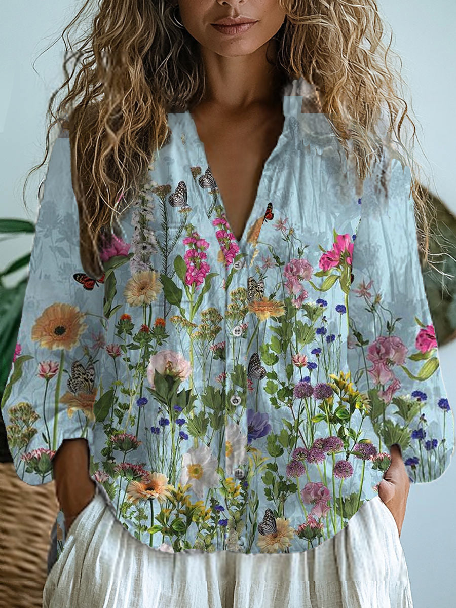Vintage Floral Art Print V-Neck Casual coton et lin chemise Top femmes A / S Chemises