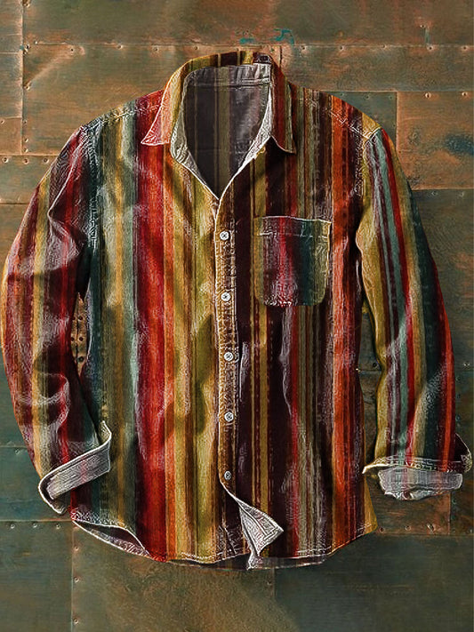 Chemise de poche à manches longues Vintage Color Stripe Art Print revers hommes coloré / S Chemises