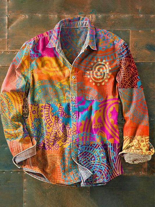 Vintage coloré ethnique Patchwork Art Print revers à manches longues Pocket Shirt des hommes coloré / S Chemises