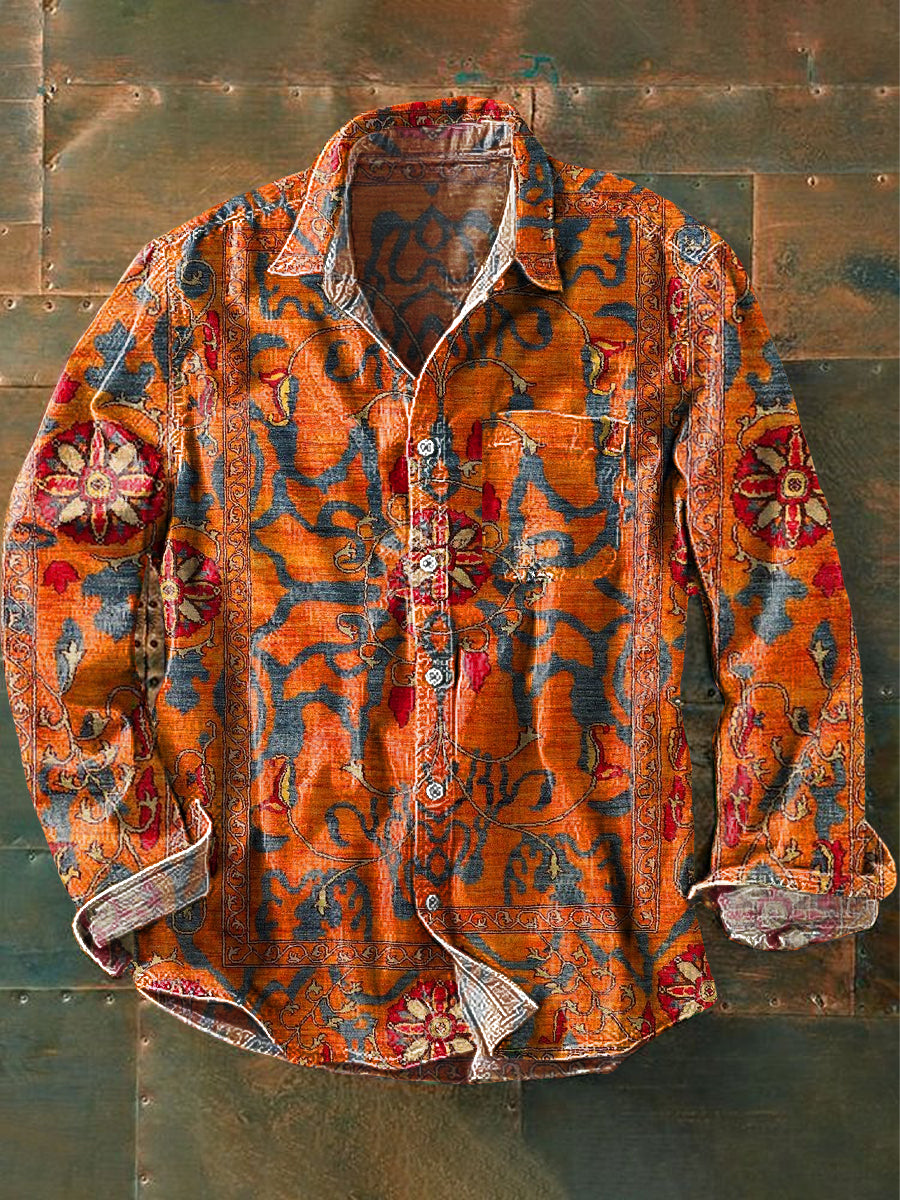 Vintage ethnique géométrique Floral Art Print revers à manches longues Pocket Shirt hommes coloré / S Chemises