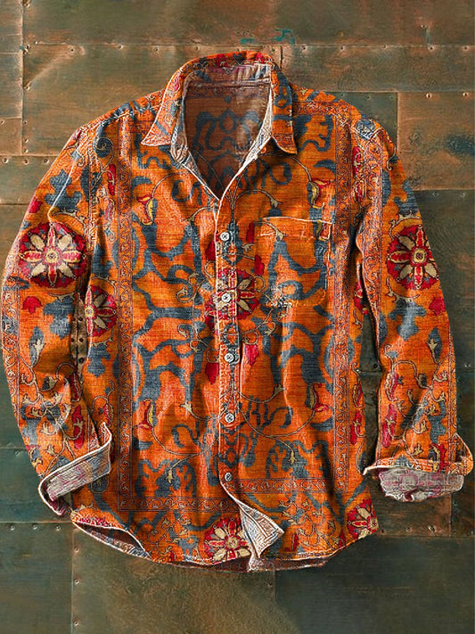 Vintage ethnique géométrique Floral Art Print revers à manches longues Pocket Shirt hommes coloré / S Chemises