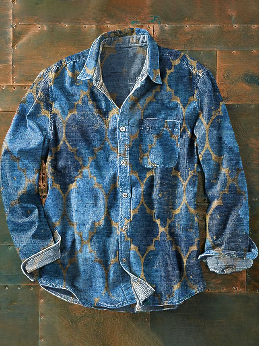 Chemise de poche à manches longues à revers Vintage Western Art Print pour hommes coloré / S Chemises