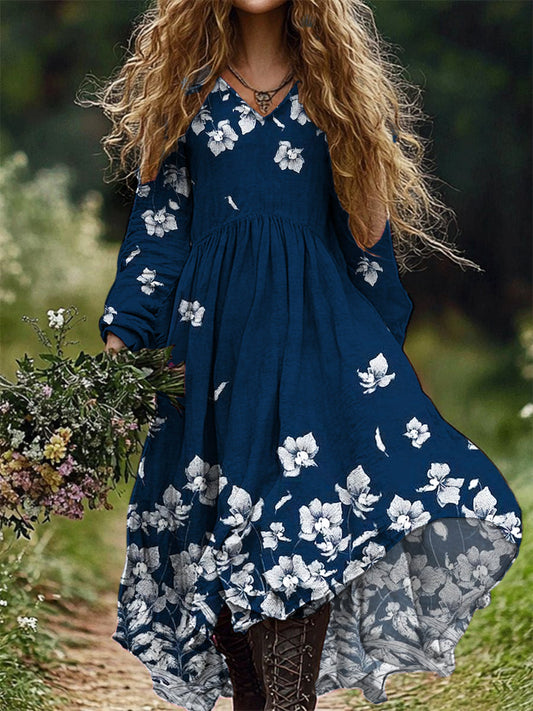 Vintage Floral Art Print V cou élégant Chic lâche à manches longues robe Midi A / S Robes