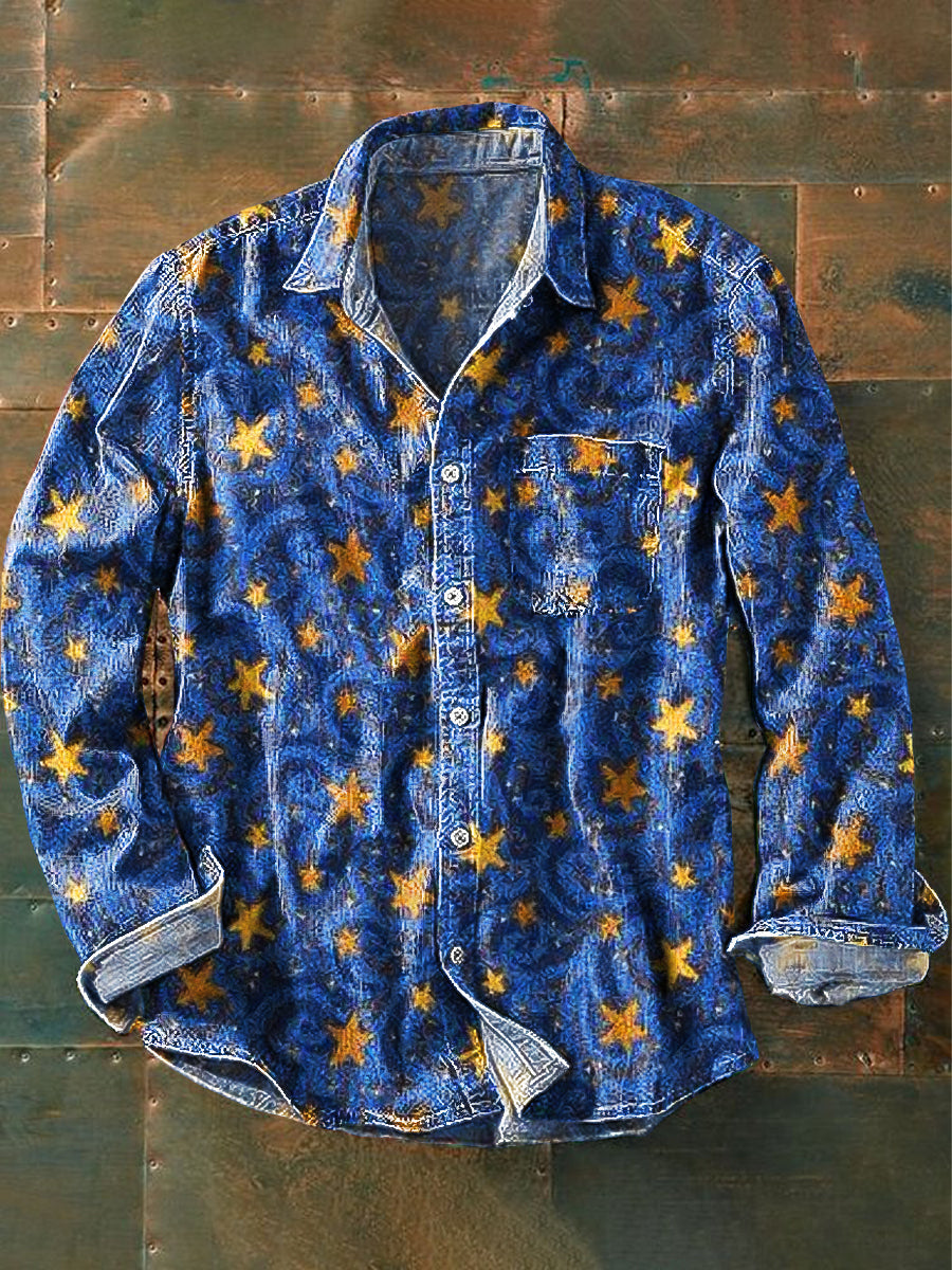 Unisexe Vintage Sky Gold Stars Art Print Chemise de poche à manches longues en coton à revers coloré / S Chemises