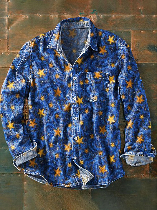 Unisexe Vintage Sky Gold Stars Art Print Chemise de poche à manches longues en coton à revers coloré / S Chemises