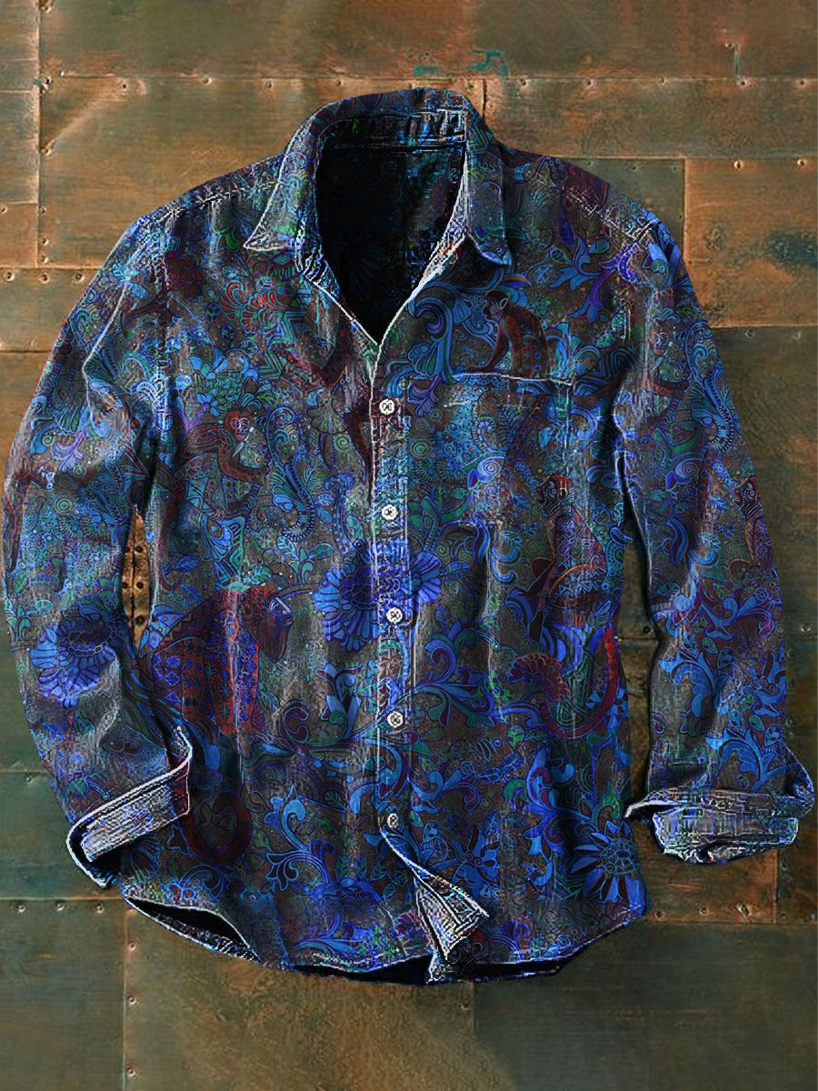 Chemise à manches longues décontractée à imprimé floral floral rose pour hommes unisexe Bleu / S Chemises