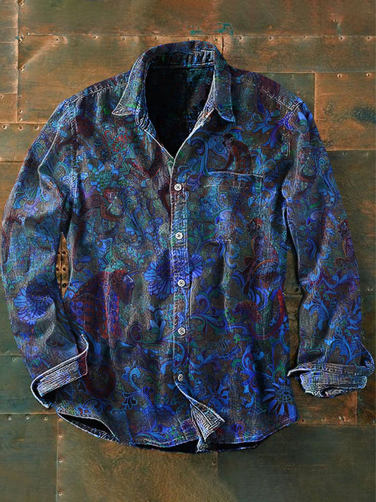 Chemise à manches longues décontractée à imprimé floral floral rose pour hommes unisexe Bleu / S Chemises