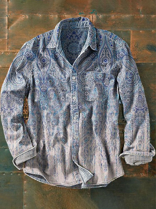 Chemise à manches longues unisexe Vintage Gradient Color Ethnic Floral Art Print revers coloré / S Chemises