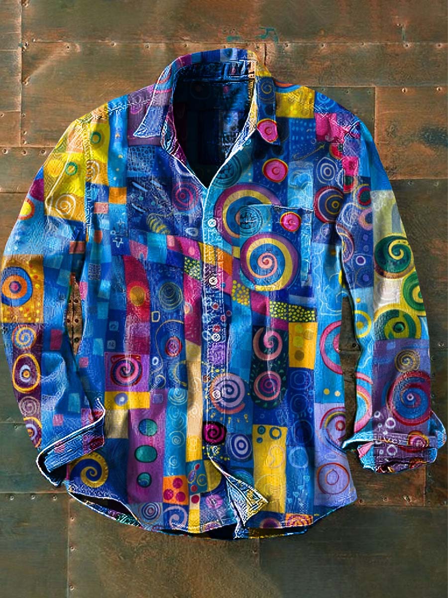 Chemise décontractée à manches longues vintage imprimée abstraite pour homme comme image / S Chemises