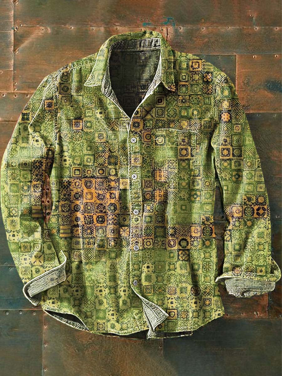 Chemise à manches longues à revers décontracté imprimé à carreaux vintage pour hommes comme image / S Chemises
