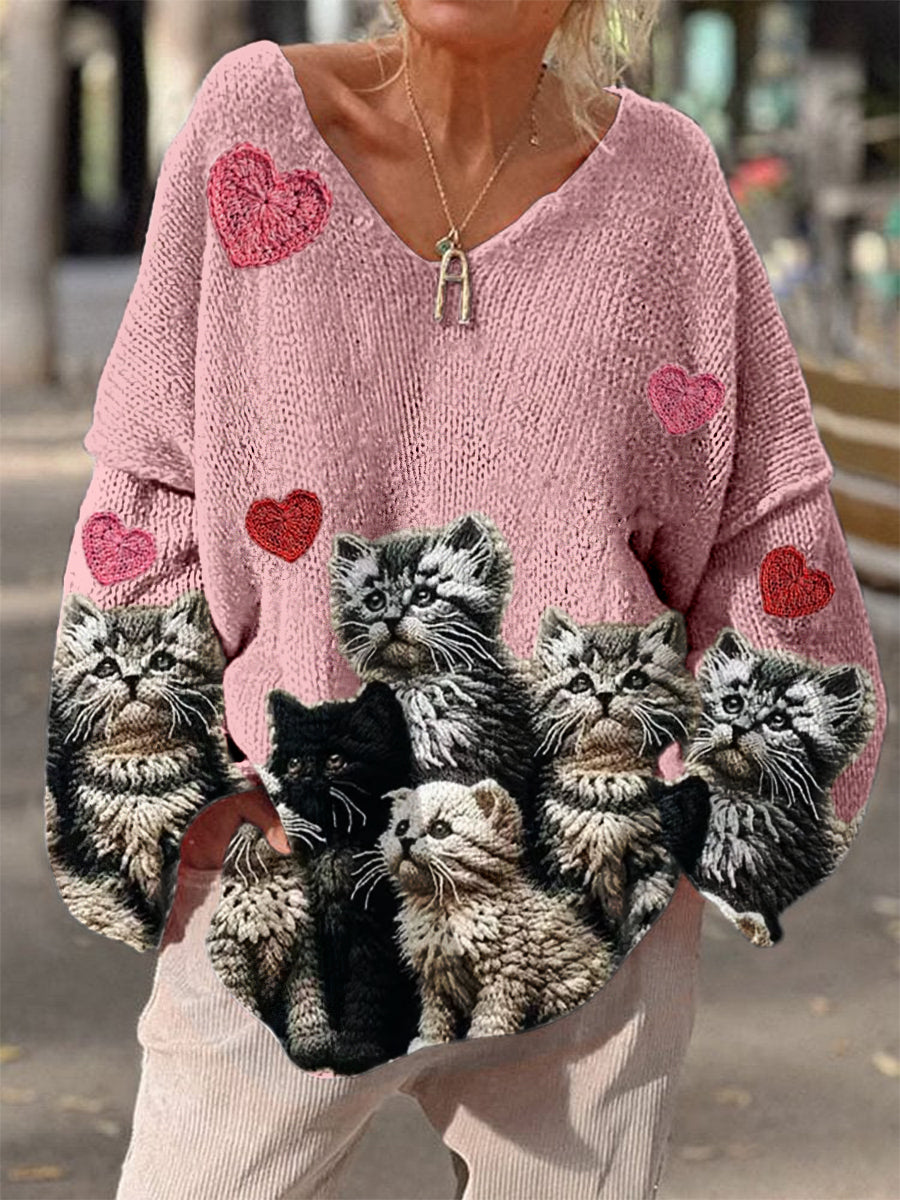 Élégant rétro imprimé floral Vintage lâche chic col en V à manches longues pull en tricot épais A / S Pull