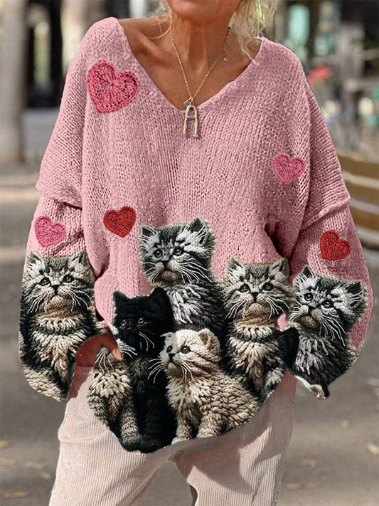 Élégant rétro imprimé floral Vintage lâche chic col en V à manches longues pull en tricot épais A / S Pull