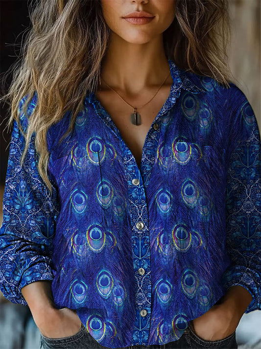 Retro Boho Floral Art Imprimé Vintage Chic Col V Bouton Poche Coton Chemise À Manches Longues A / S Chemises