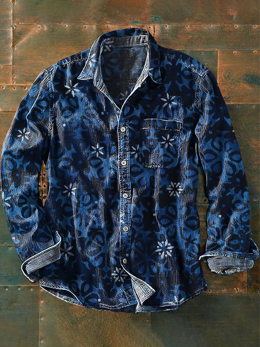 Chemise de poche à manches longues Vintage Abstract Blue Floral Art Print revers hommes coloré / S Chemises