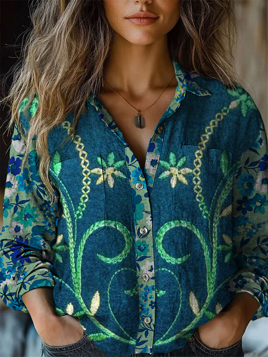 Retro Boho Floral Art Imprimé Vintage Chic Col V Bouton Poche Coton Chemise À Manches Longues A / S Chemises
