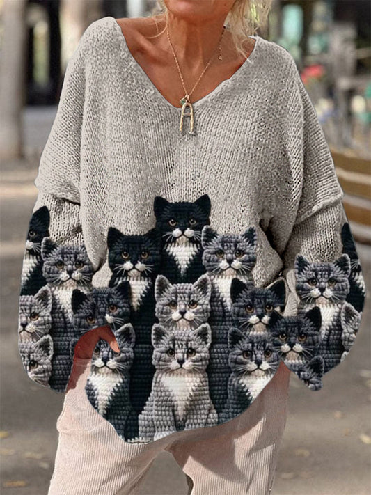 Élégant rétro imprimé floral Vintage lâche chic col en V à manches longues pull en tricot épais B / S Pull