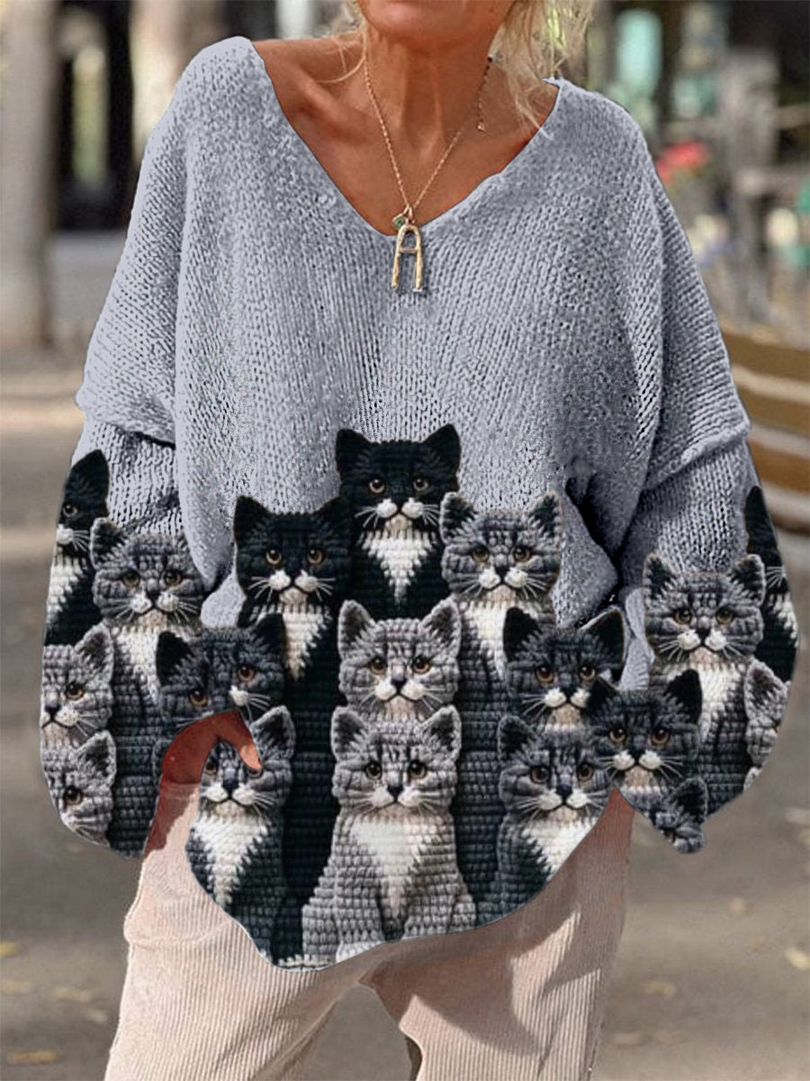 Élégant rétro imprimé floral Vintage lâche chic col en V à manches longues pull en tricot épais A / S Pull