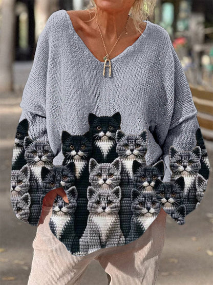 Élégant rétro imprimé floral Vintage lâche chic col en V à manches longues pull en tricot épais A / S Pull